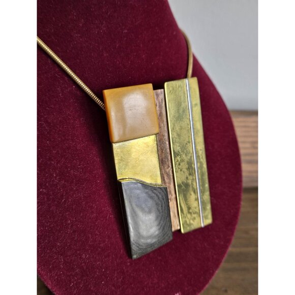 Vintage Mixed Metal & Bakelite/Catalin Necklace Art Deco/Modernist Early Plastic - Picture 4 of 10